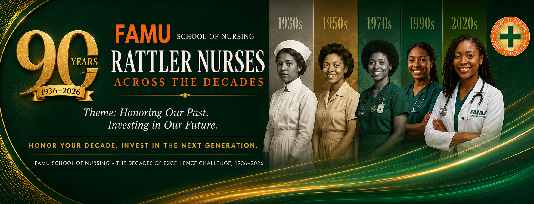 Banner celebrating the 90th anniversary of Florida A&M University’s School of Nursing, featuring the text “Rattler Nurses Across the Decades,” the years 1936–2026, and the theme “Honoring Our Past. Investing in Our Future.” Five Black women nurses representing the 1930s, 1950s, 1970s, 1990s, and 2020s appear across the right side, with green and gold decorative accents and the School of Nursing emblem.